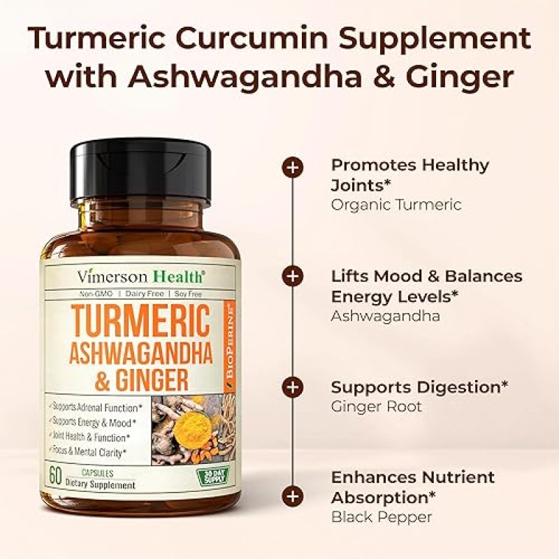 VIMERSON HEALTH ASHWAGANDHA TURMERIC CURCUMIN WITH GINGER BLACK PEPPER ORGANIC JOINT, ENERGY IMMUNE SUPPORT, 60 CAPS