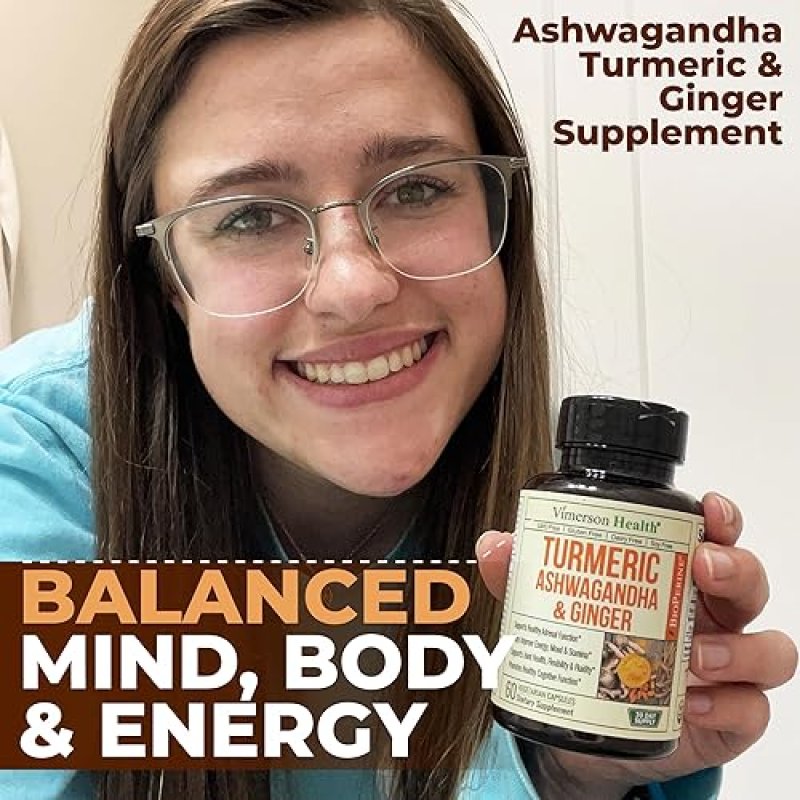 VIMERSON HEALTH ASHWAGANDHA TURMERIC CURCUMIN WITH GINGER BLACK PEPPER ORGANIC JOINT, ENERGY IMMUNE SUPPORT, 60 CAPS