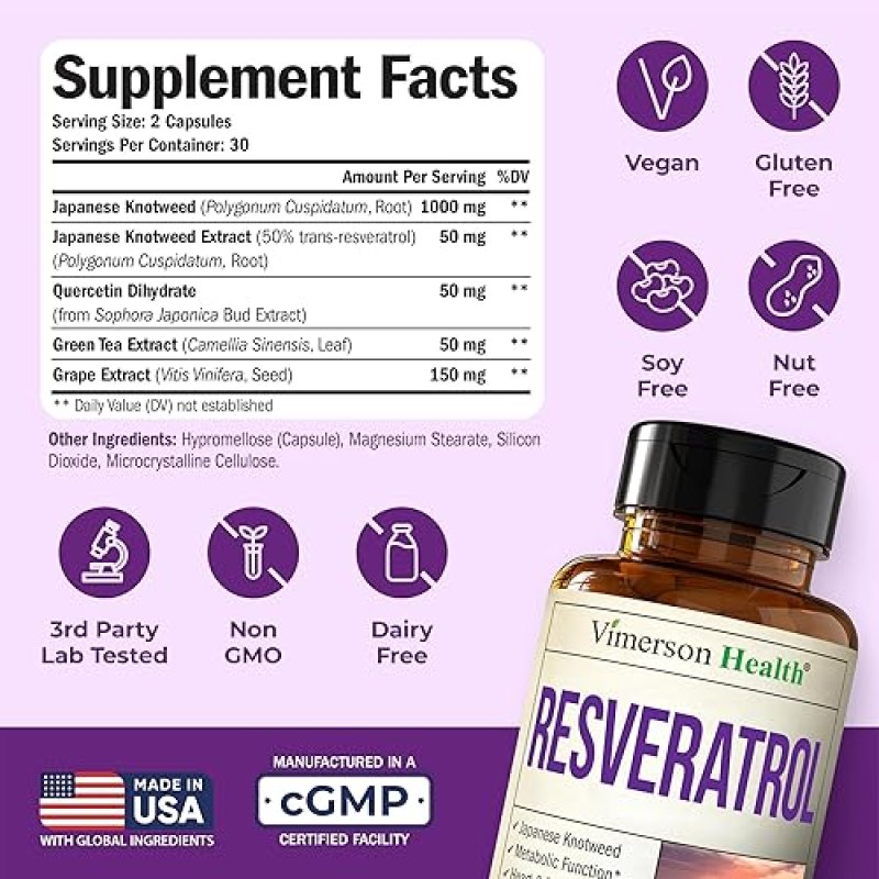 VIMERSON HEALTH JAPANESE KNOTWEED CAPSULES 1000MG RESVERATROL, QUERCETIN, GREEN TEA GRAPE EXTRACT 60 CAPS
