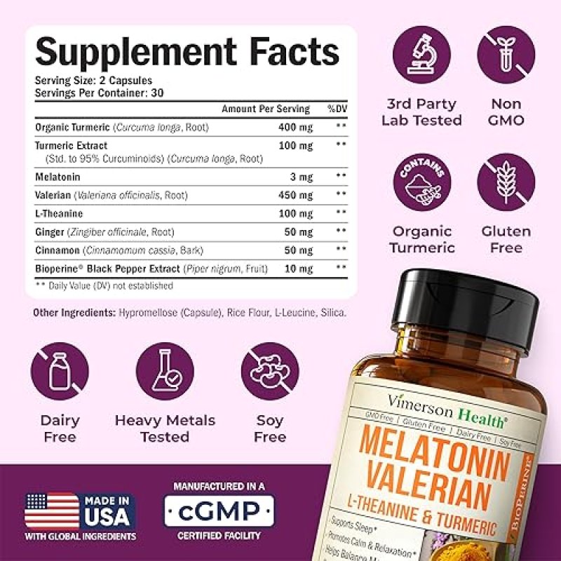 VIMERSON HEALTH MELATONIN 3MG SLEEP AID WITH L-THEANINE, VALERIAN, TURMERIC CURCUMIN, GINGER BLACK PEPPER 60 CAPS