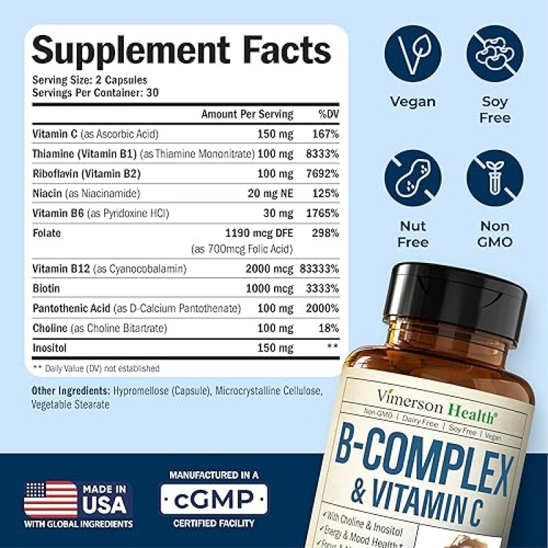 VIMERSON HEALTH VITAMIN B COMPLEX WITH VITAMIN C, FOLIC ACID, BIOTIN B12 FOR ENERGY, MOOD IMMUNE SUPPORT