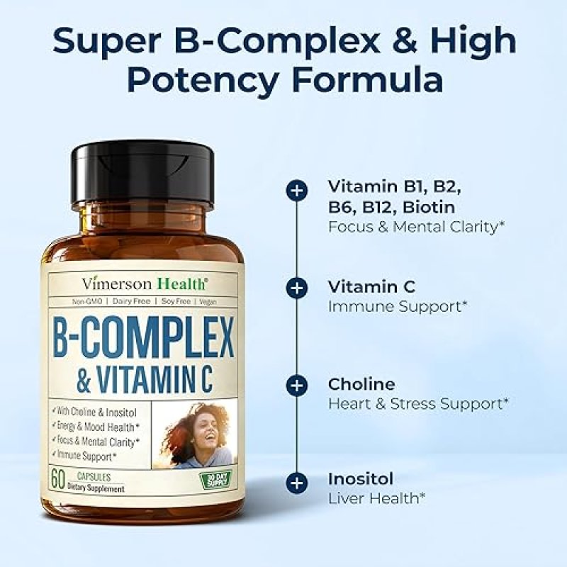 VIMERSON HEALTH VITAMIN B COMPLEX WITH VITAMIN C, FOLIC ACID, BIOTIN B12 FOR ENERGY, MOOD IMMUNE SUPPORT