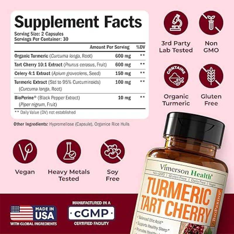 VIMERSON HEALTH TURMERIC CURCUMIN WITH TART CHERRY CELERY SEED URIC ACID BALANCE, JOINT SUPPORT, SLEEP AID 60 CAPS