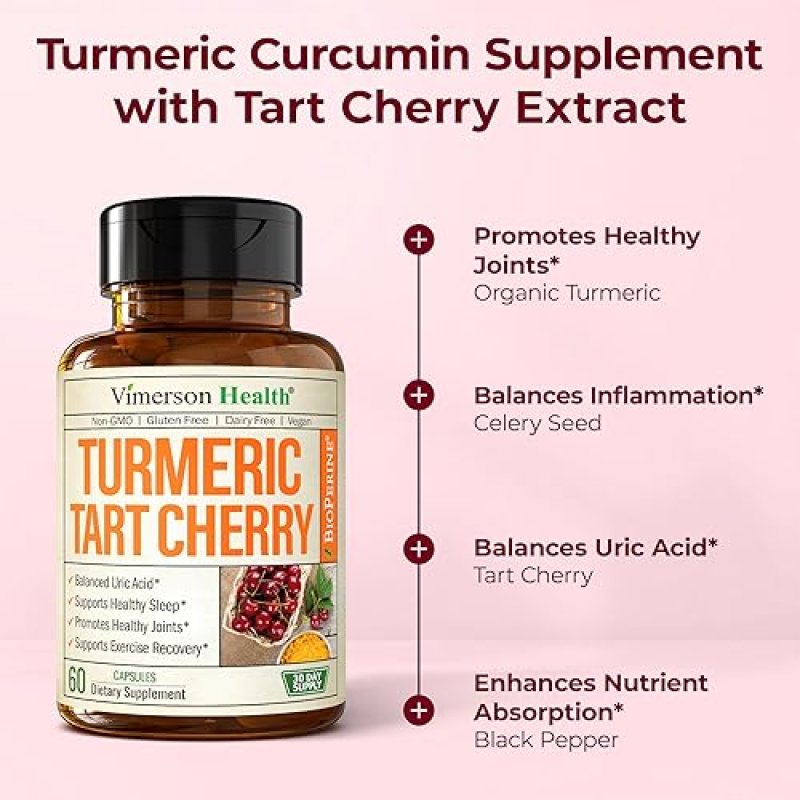VIMERSON HEALTH TURMERIC CURCUMIN WITH TART CHERRY CELERY SEED URIC ACID BALANCE, JOINT SUPPORT, SLEEP AID 60 CAPS