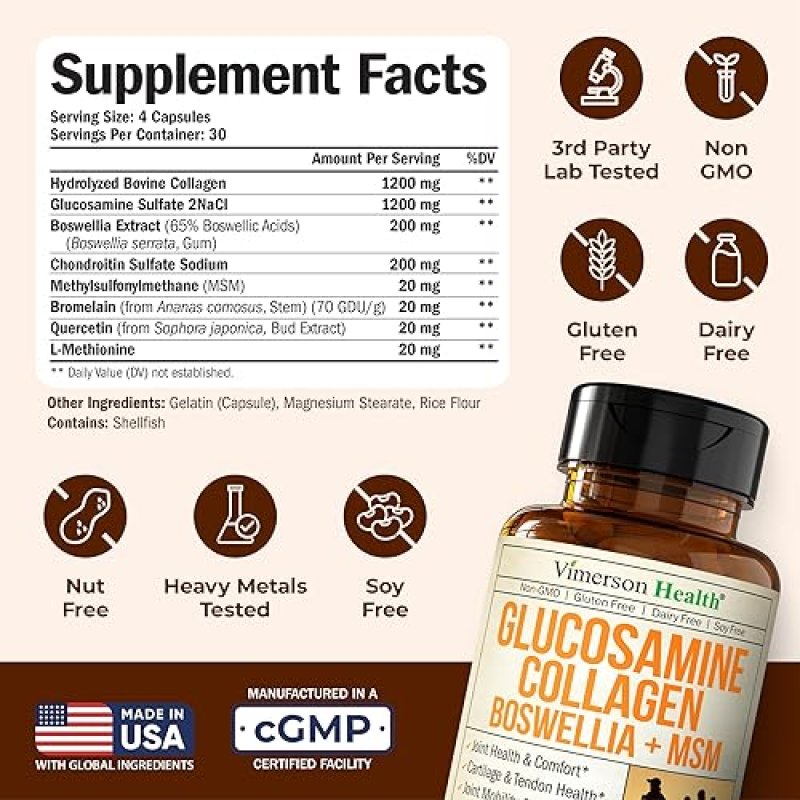 VIMERSON HEALTH GLUCOSAMINE CHONDROITIN MSM COLLAGEN CAPSULES FOR JOINT, HAIR, SKIN NAIL SUPPORT 120 FSA CAPS