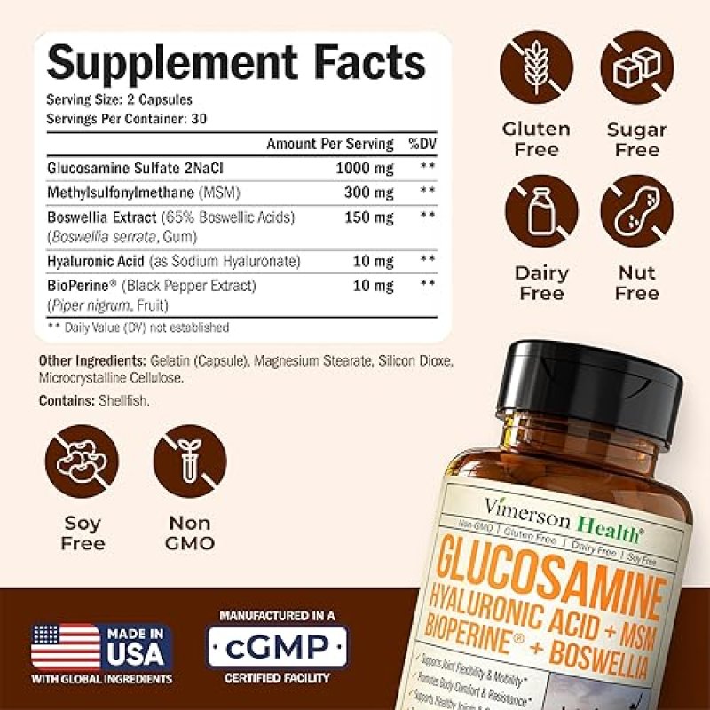 VIMERSON HEALTH GLUCOSAMINE SULFATE JOINT SUPPORT WITH HYALURONIC ACID, BOSWELLIA, MSM BLACK PEPPER 60 CAPS