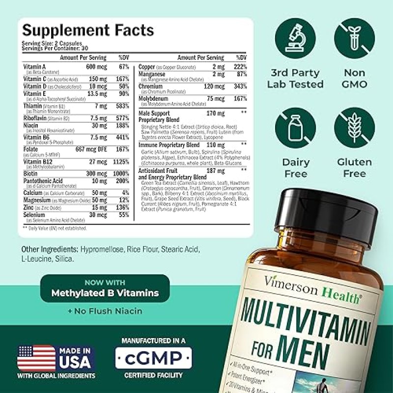 VIMERSON HEALTH MEN S MULTIVITAMIN CAPSULES - METHYLATED, HIGH POTENCY WITH B12, D, ZINC, MAGNESIUM MORE