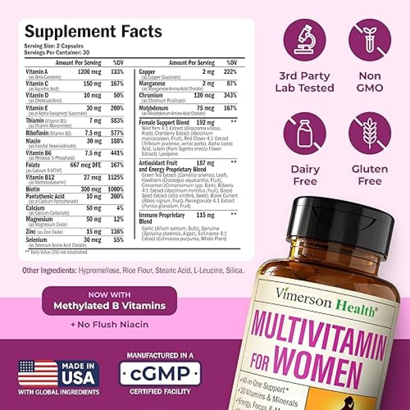 VIMERSON HEALTH WOMENS MULTIVITAMIN CAPSULES METHYLATED, BIOAVAILABLE WITH B12, D, C, ZINC MAGNESIUM, DAILY SUPPORT