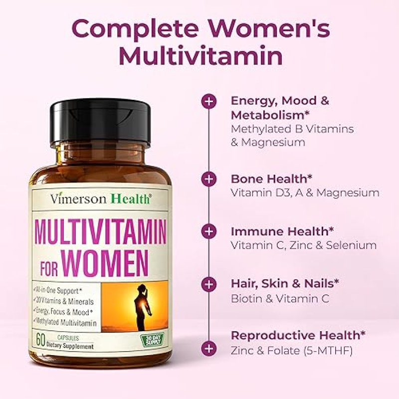 VIMERSON HEALTH WOMENS MULTIVITAMIN CAPSULES METHYLATED, BIOAVAILABLE WITH B12, D, C, ZINC MAGNESIUM, DAILY SUPPORT