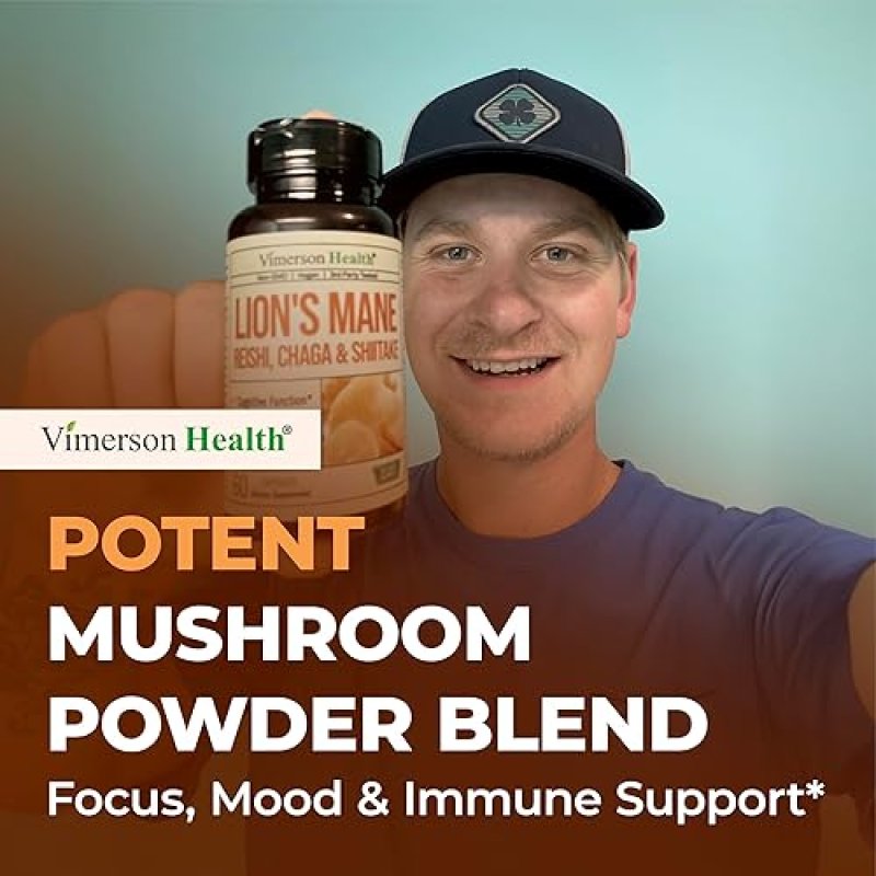VIMERSON HEALTH  LION S MANE MUSHROOM CAPSULES FOCUS, ENERGY, MOOD IMMUNE SUPPORT VEGAN, NON-GMO, 60CT