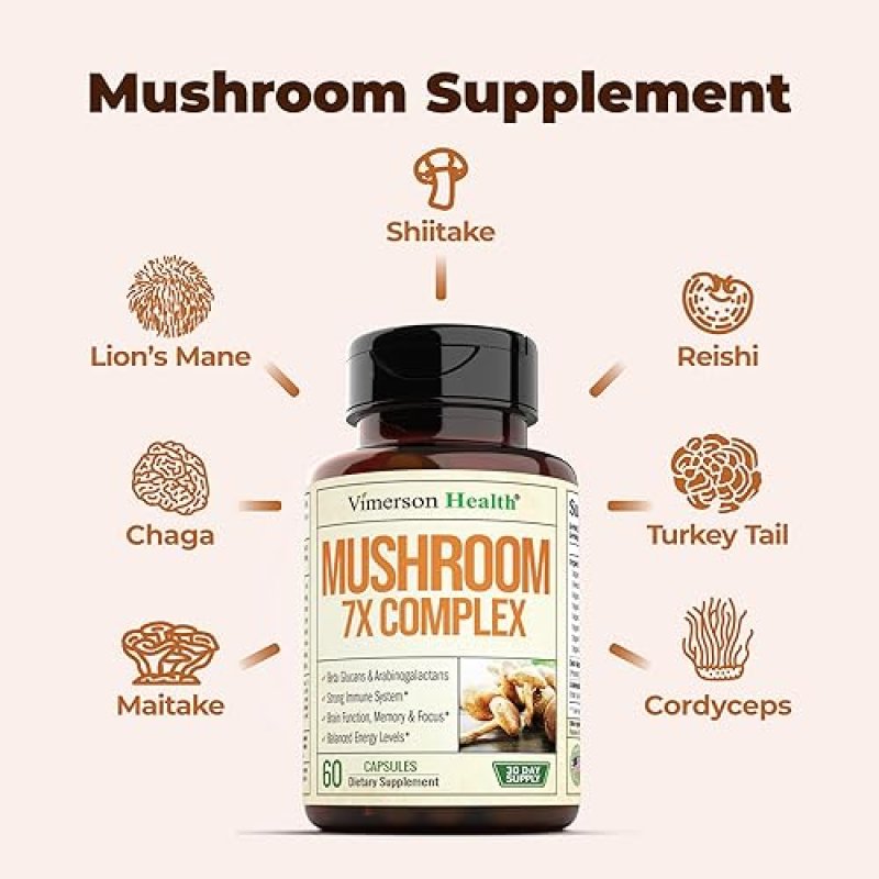 VIMERSON HEALTH 7-IN-1 MUSHROOM COMPLEX SUPPLEMENT LION S MANE, TURKEY TAIL, REISHI MORE FOR ENERGY FOCUS
