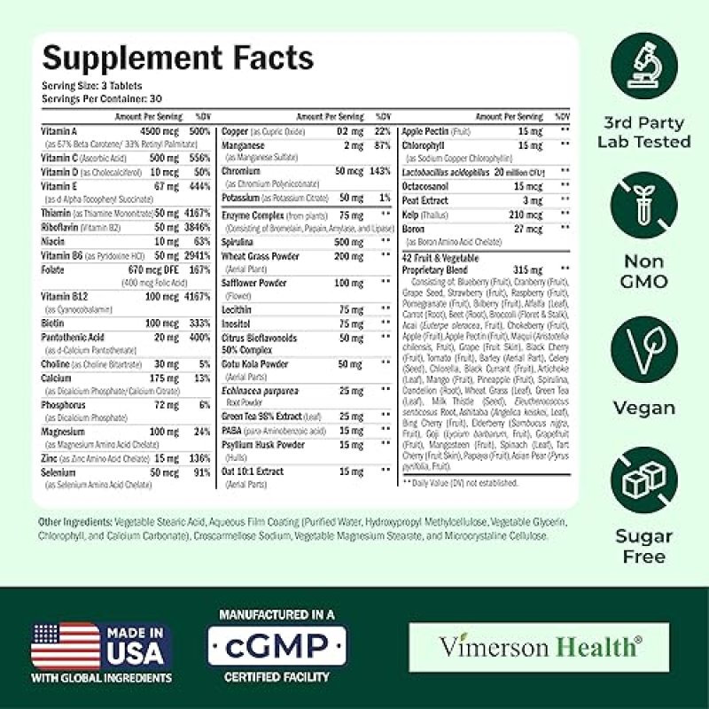 VIMERSON HEALTH VEGAN MULTIVITAMIN TABLETS FOR WOMEN MEN 23 ESSENTIAL VITAMINS MINERALS FOR WELLNESS, 90 CT