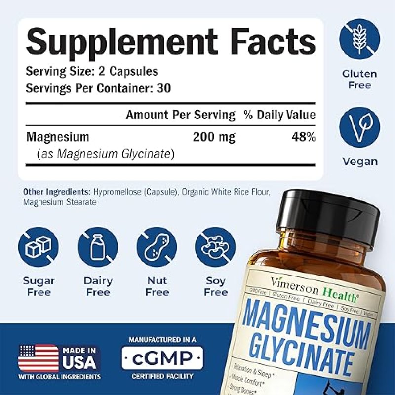 VIMERSON HEALTH MAGNESIUM GLYCINATE 200MG CHELATED VEGAN CAPSULES FOR SLEEP, RELAXATION MUSCLE SUPPORT 60CT