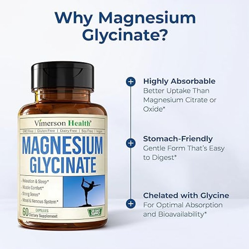 VIMERSON HEALTH MAGNESIUM GLYCINATE 200MG CHELATED VEGAN CAPSULES FOR SLEEP, RELAXATION MUSCLE SUPPORT 60CT