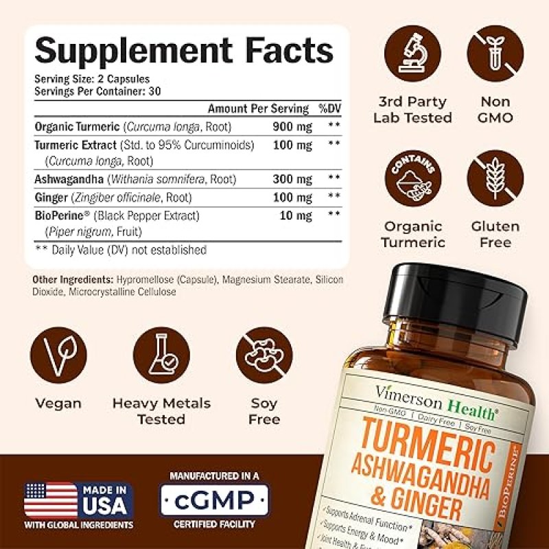 VIMERSON HEALTH ORGANIC ASHWAGANDHA TURMERIC CURCUMIN WITH GINGER BLACK PEPPER FOR JOINT, ENERGY IMMUNE SUPPORT, 60