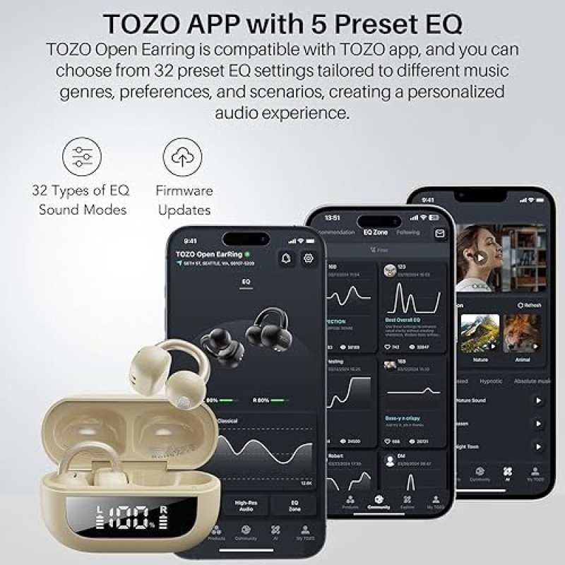 TOZO OPENEARRING OPEN-EAR WIRELESS EARBUDS, 40H PLAY, BLUETOOTH 5.4, CLIP-ON SPORTS HEADPHONES, KHAK
