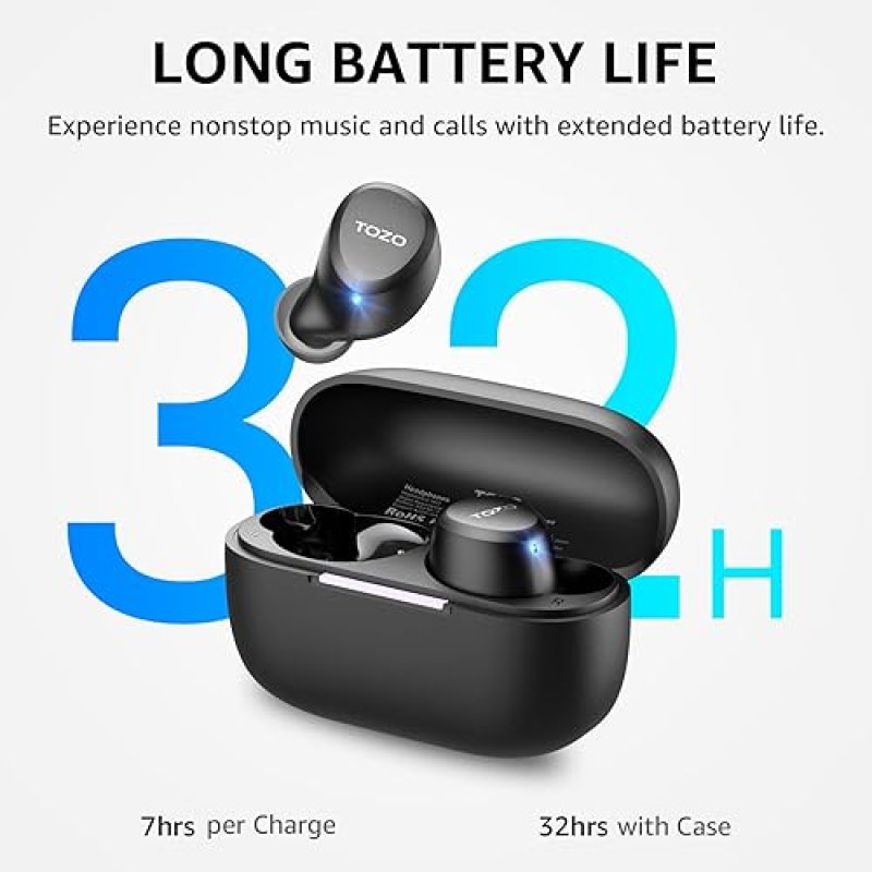 TOZO A1 WIRELESS EARBUDS BLUETOOTH 5.3, IPX5 WATERPROOF, 2-MIC, EQ APP, 32H PLAYTIME, BASS