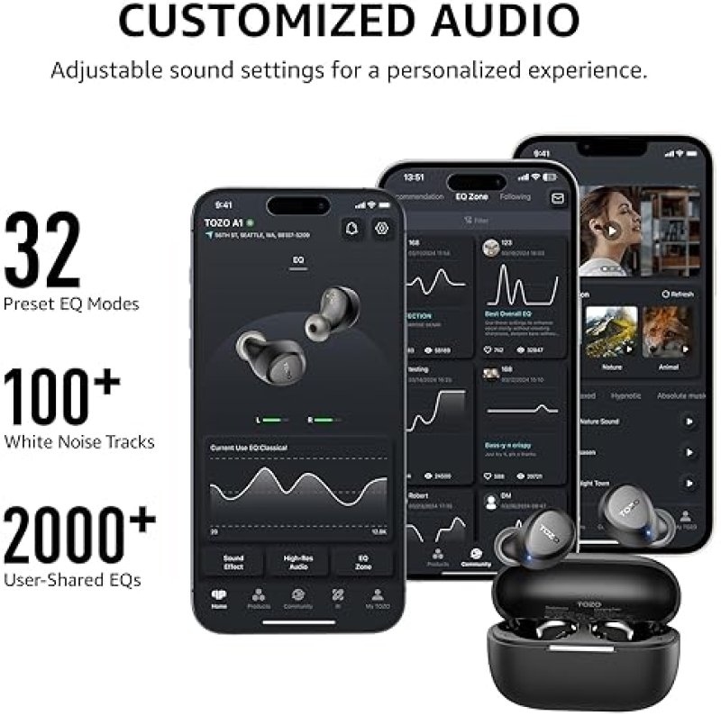 TOZO A1 WIRELESS EARBUDS BLUETOOTH 5.3, IPX5 WATERPROOF, 2-MIC, EQ APP, 32H PLAYTIME, BASS