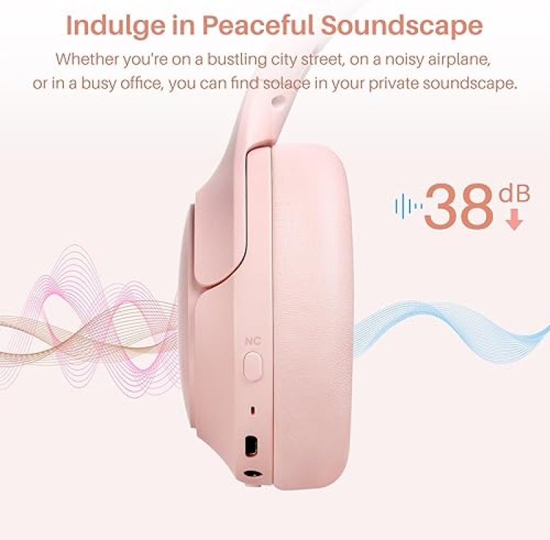 TOZO HT2 WIRELESS OVER-EAR HEADPHONES, HYBRID ANC, 60H PLAYTIME, HI-RES AUDIO, PINK