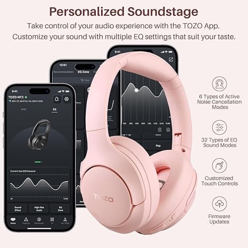 TOZO HT2 WIRELESS OVER-EAR HEADPHONES, HYBRID ANC, 60H PLAYTIME, HI-RES AUDIO, PINK