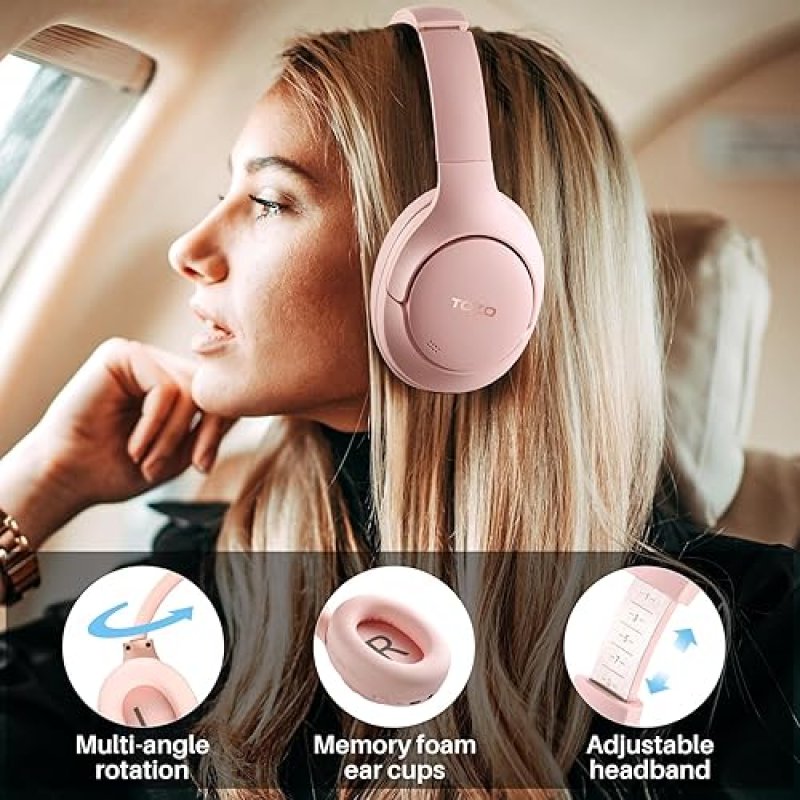 TOZO HT2 WIRELESS OVER-EAR HEADPHONES, HYBRID ANC, 60H PLAYTIME, HI-RES AUDIO, PINK