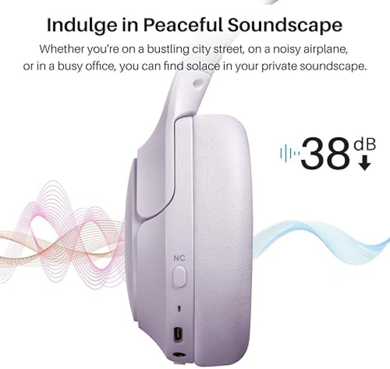 TOZO HT2 WIRELESS OVER-EAR HEADPHONES, HYBRID ANC, 60H PLAYTIME, HI-RES AUDIO, DEEP BASS, PURPLE