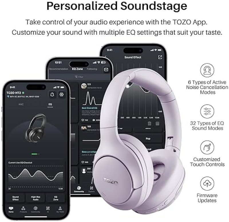 TOZO HT2 WIRELESS OVER-EAR HEADPHONES, HYBRID ANC, 60H PLAYTIME, HI-RES AUDIO, DEEP BASS, PURPLE