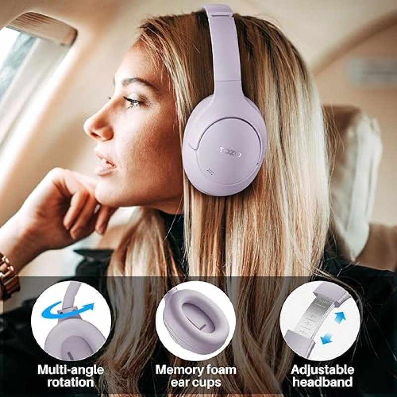 TOZO HT2 WIRELESS OVER-EAR HEADPHONES, HYBRID ANC, 60H PLAYTIME, HI-RES AUDIO, DEEP BASS, PURPLE