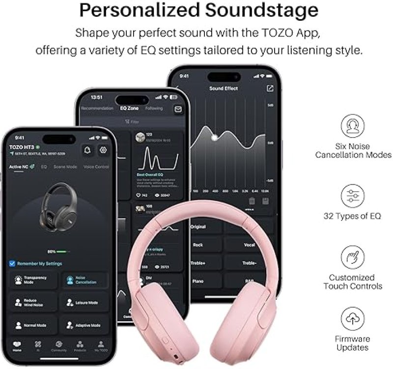TOZO HT3 WIRELESS OVER-EAR HEADPHONES, HYBRID NOISE CANCELLING, 90H PLAYTIME, SPATIAL AUDIO, 5 MICS