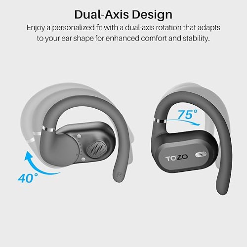 TOZO OPENWEAR OPEN EAR BLUETOOTH 5.4 HEADPHONES, ADJUSTABLE HOOKS, PUNCHY BASS, FAST CHARGING