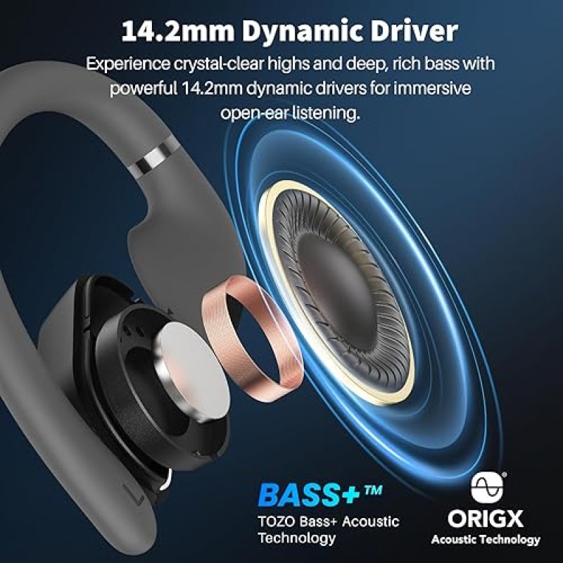 TOZO OPENWEAR OPEN EAR BLUETOOTH 5.4 HEADPHONES, ADJUSTABLE HOOKS, PUNCHY BASS, FAST CHARGING