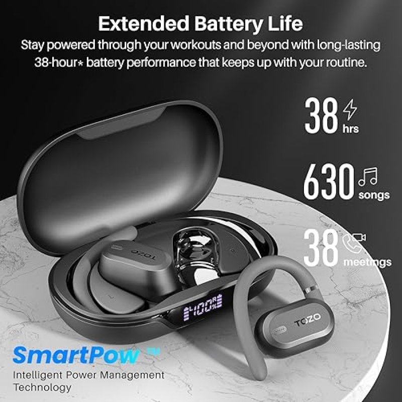 TOZO OPENWEAR OPEN EAR BLUETOOTH 5.4 HEADPHONES, ADJUSTABLE HOOKS, PUNCHY BASS, FAST CHARGING