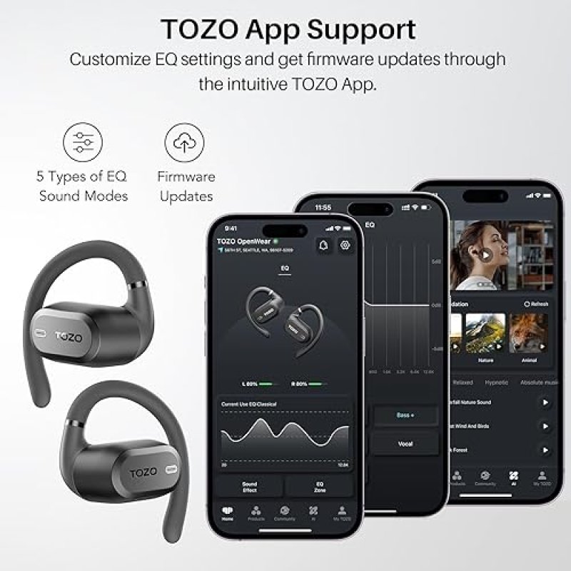 TOZO OPENWEAR OPEN EAR BLUETOOTH 5.4 HEADPHONES, ADJUSTABLE HOOKS, PUNCHY BASS, FAST CHARGING