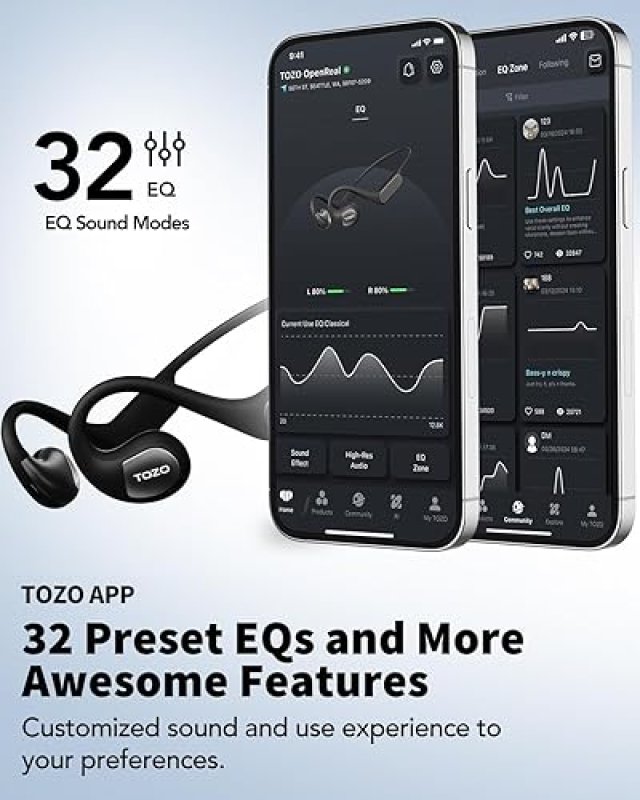 TOZO OPEN EAR BLUETOOTH 5.3 HEADPHONES, WIRELESS SPORT EARBUDS W MIC, 32 EQ, NOISE REDUCTION