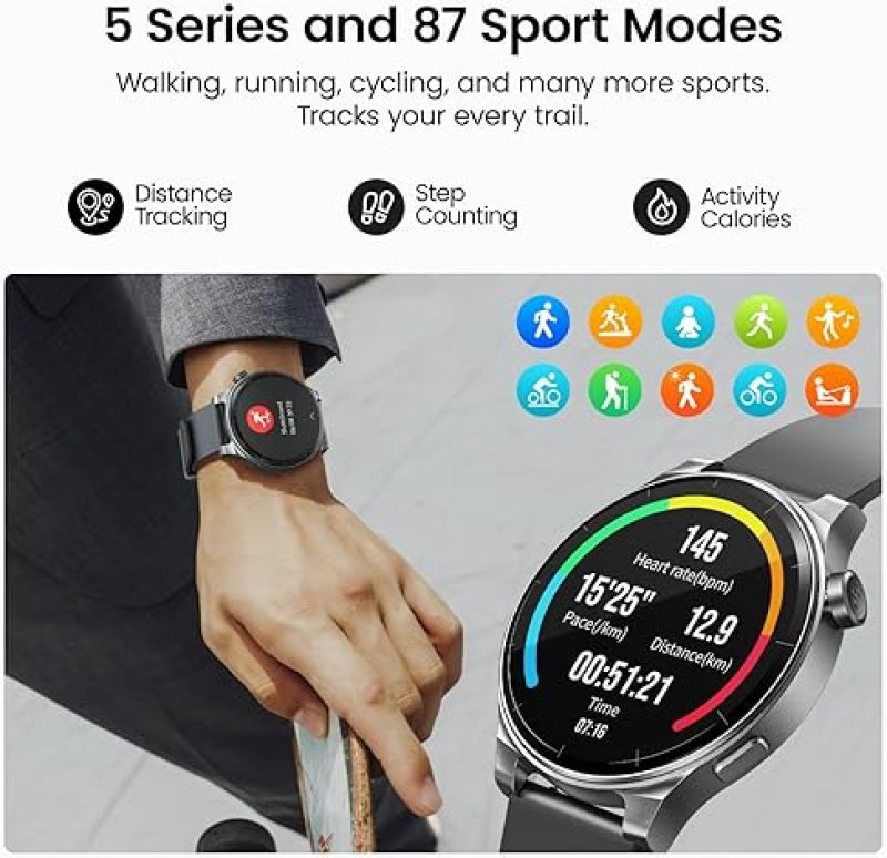 TOZO S5 AMOLED SMART WATCH 1.43 HD, BLUETOOTH CALLS, 100 SPORTS, SLEEP MONITOR, IP68, BLACK
