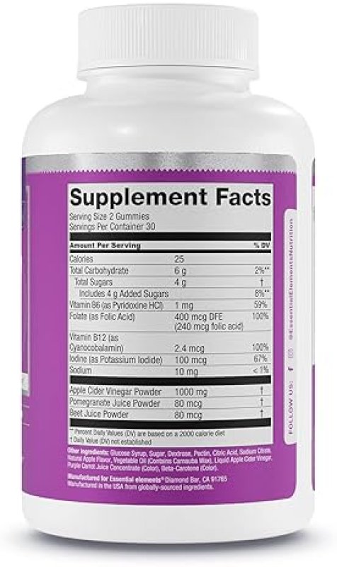 ESSENTIAL ELEMENTS  APPLE CIDER VINEGAR GUMMIES WITH THE MOTHER VEGAN, FOLIC ACID, B6, B12 60 COUNT