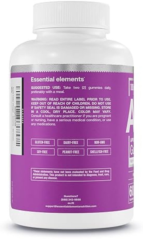 ESSENTIAL ELEMENTS  APPLE CIDER VINEGAR GUMMIES WITH THE MOTHER VEGAN, FOLIC ACID, B6, B12 60 COUNT