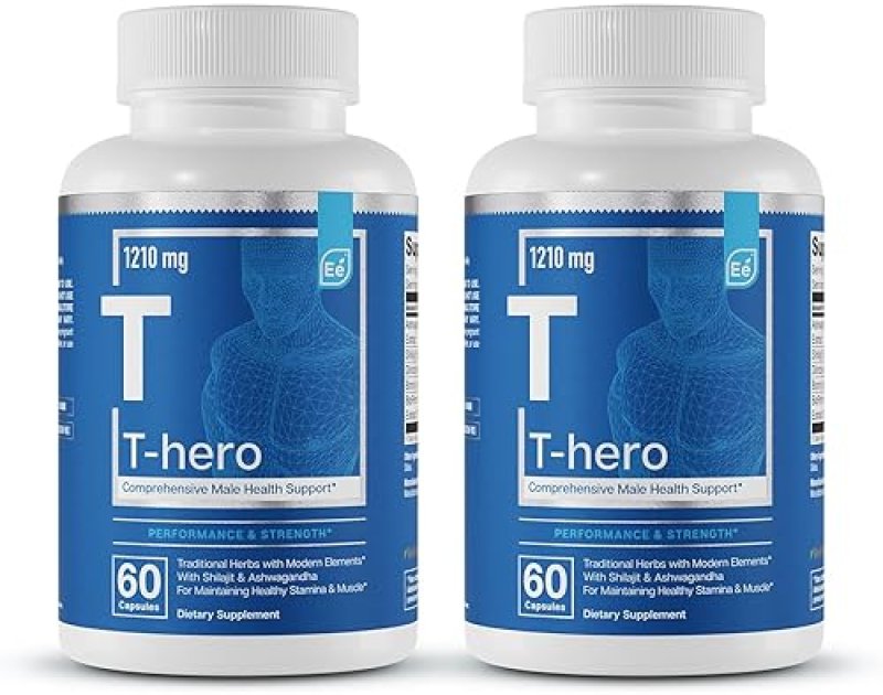 ESSENTIAL ELEMENTS  T-HERO TESTOSTERONE BOOSTER FOR MEN VITALITY, DRIVE, ASHWAGANDHA, SHILAJIT 60 CT, 2-PACK