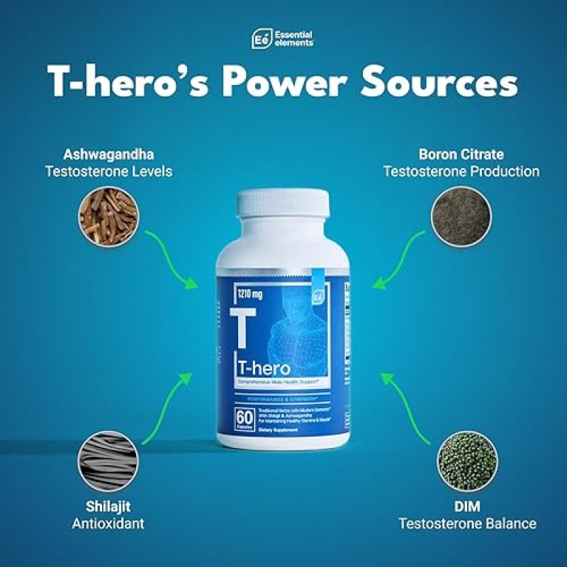 ESSENTIAL ELEMENTS  T-HERO TESTOSTERONE BOOSTER FOR MEN VITALITY, DRIVE, ASHWAGANDHA, SHILAJIT 60 CT, 2-PACK