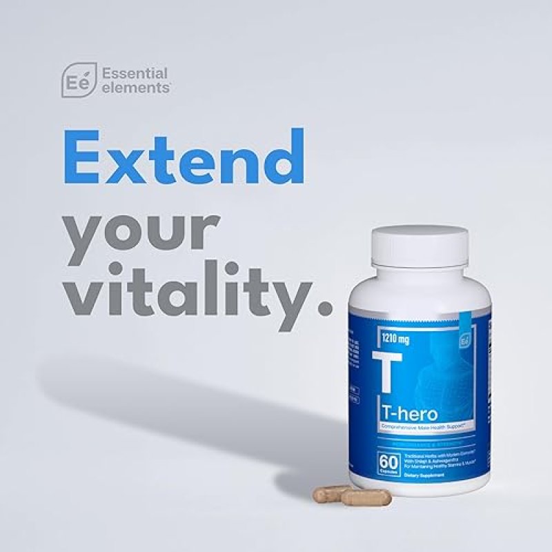 ESSENTIAL ELEMENTS  T-HERO TESTOSTERONE BOOSTER FOR MEN VITALITY, DRIVE, ASHWAGANDHA, SHILAJIT 60 CT, 2-PACK