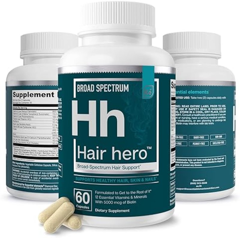 ESSENTIAL ELEMENTS  HAIR HERO HAIR VITAMINS FOR MEN WITH 5000 MCG BIOTIN ESSENTIAL ELEMENTS, 60 CAPSULES, 30 SERVINGS