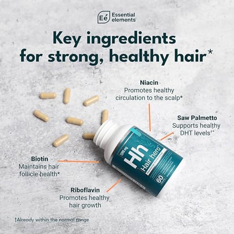ESSENTIAL ELEMENTS  HAIR HERO HAIR VITAMINS FOR MEN WITH 5000 MCG BIOTIN ESSENTIAL ELEMENTS, 60 CAPSULES, 30 SERVINGS