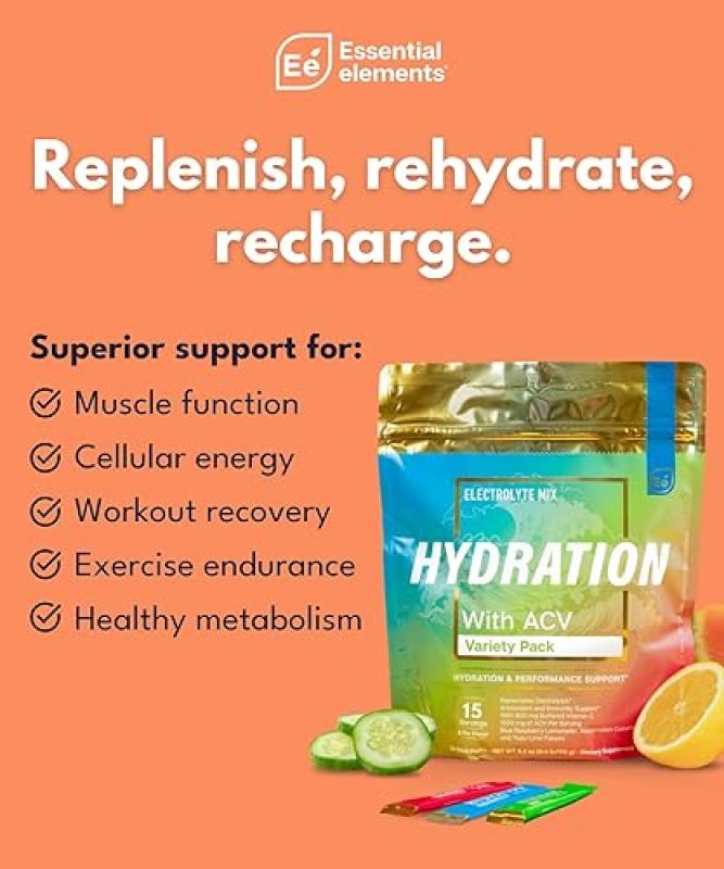 ESSENTIAL ELEMENTS SUGAR FREE ELECTROLYTE POWDER PACKETS, VARIETY, 15 STICKS, HYDRATION VITAMIN C