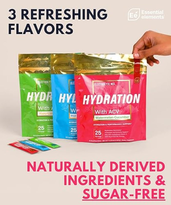 ESSENTIAL ELEMENTS SUGAR FREE ELECTROLYTE POWDER PACKETS, VARIETY, 15 STICKS, HYDRATION VITAMIN C