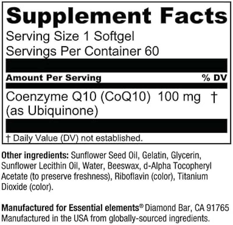 ESSENTIAL ELEMENTS  COQ10 100MG SOFTGELS HEART, BRAIN VASCULAR SUPPORT SUPPLEMENT, 60 COUNT, 2-MONTH SUPPLY