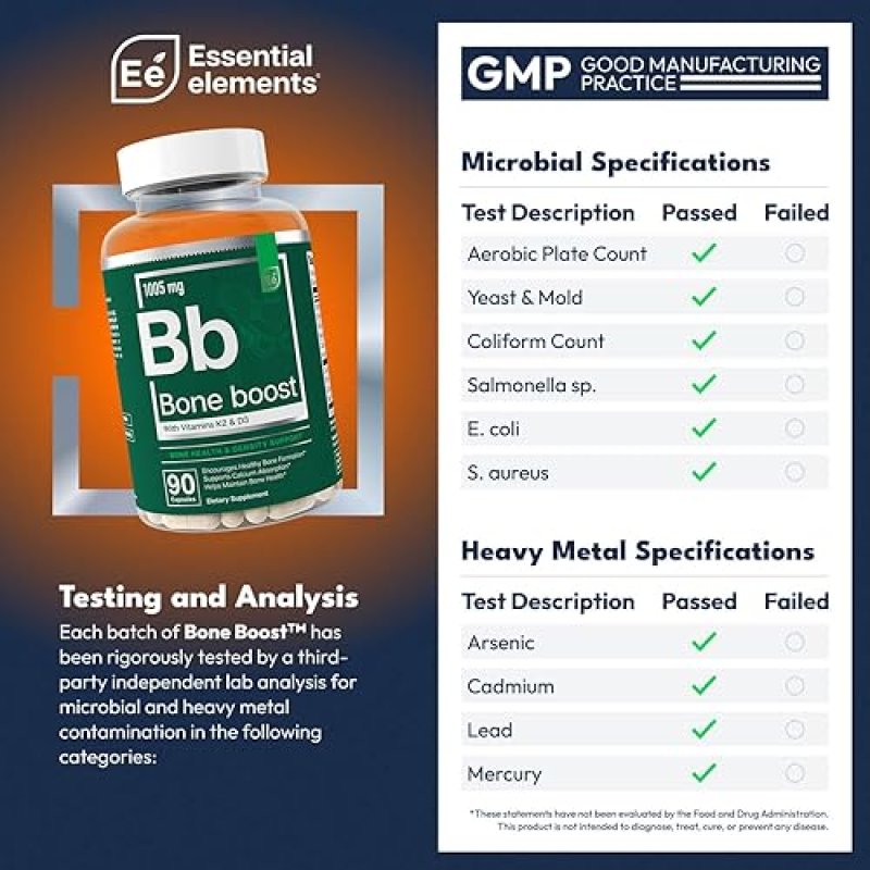 ESSENTIAL ELEMENTS  BONE BOOST BONE HEALTH SUPPLEMENT WITH CALCIUM, VITAMIN D3, K2 CISSUS 90 CAPSULES, 30-DAY SUPPLY