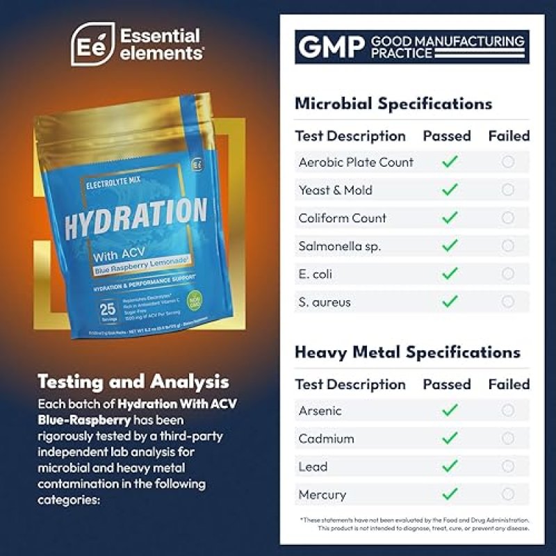 ESSENTIAL ELEMENTS  SUGAR-FREE ELECTROLYTE POWDER PACKETS BLUE RASPBERRY, 25 HYDRATION STICKS WITH ACV VITAMIN C