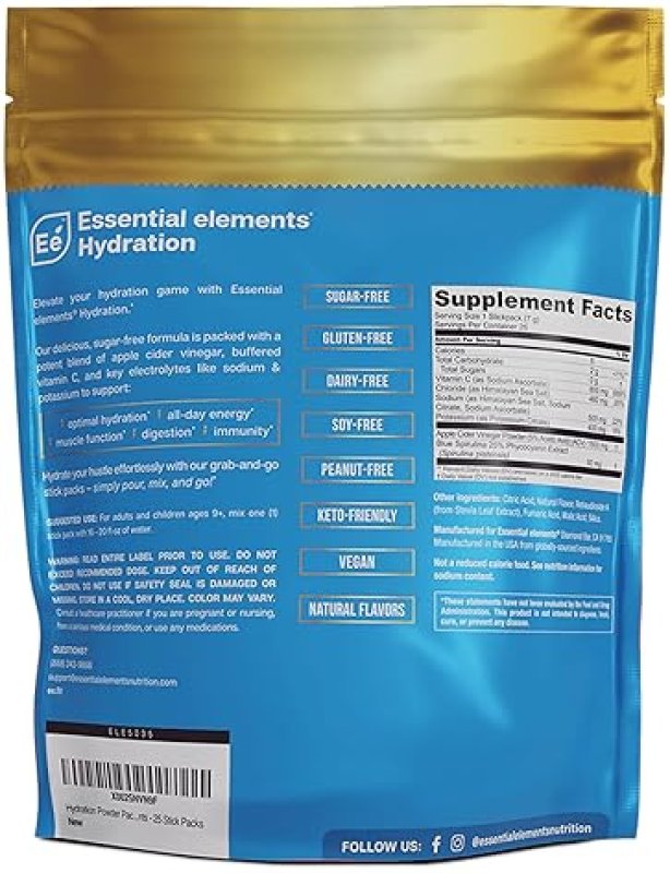 ESSENTIAL ELEMENTS  SUGAR-FREE ELECTROLYTE POWDER PACKETS BLUE RASPBERRY, 25 HYDRATION STICKS WITH ACV VITAMIN C