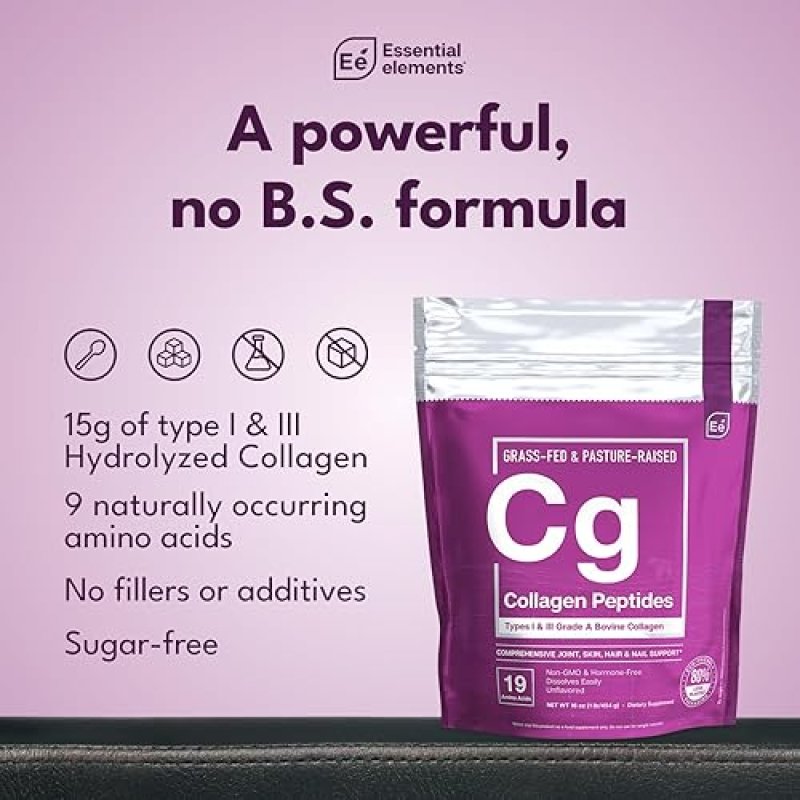 ESSENTIAL ELEMENTS  GRASS-FED HYDROLYZED COLLAGEN POWDER, TYPES I III FOR JOINT, SKIN, HAIR NAILS, 2-PACK