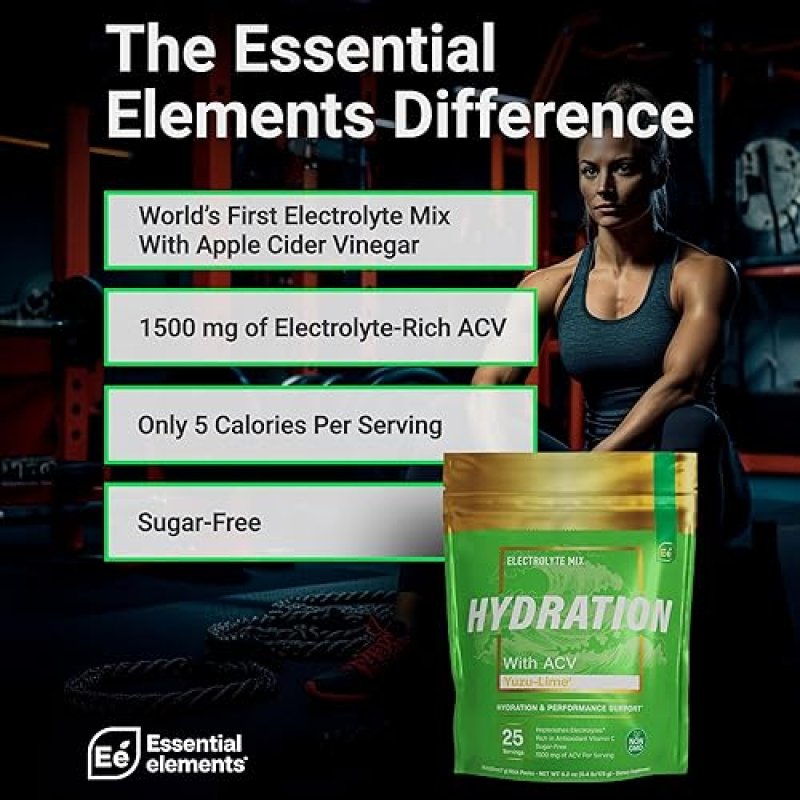 ESSENTIAL ELEMENTS SUGAR FREE ELECTROLYTE POWDER, YUZU LIME, 25 HYDRATION PACKETS WITH ACV VITAMIN C
